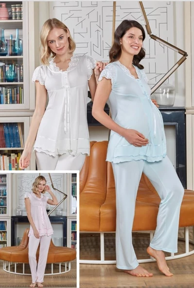 BONE CLUB 4703 MAVİ HAMİLE LOHUSA 3 LÜ PİJAMA SABAHLIK TAKIMI - 3