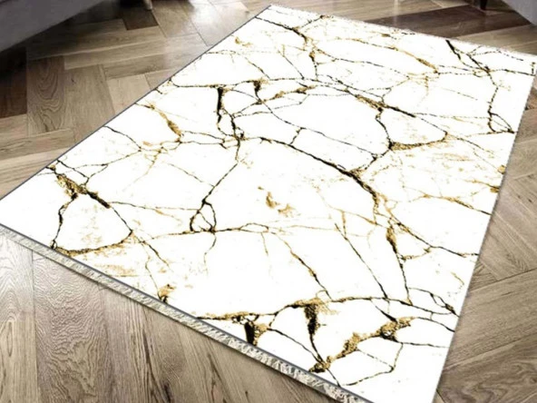 Kaymaz Taban Dijital Baskı Kadife Halı Crack Wall Beyaz Gold 150x220 Cm