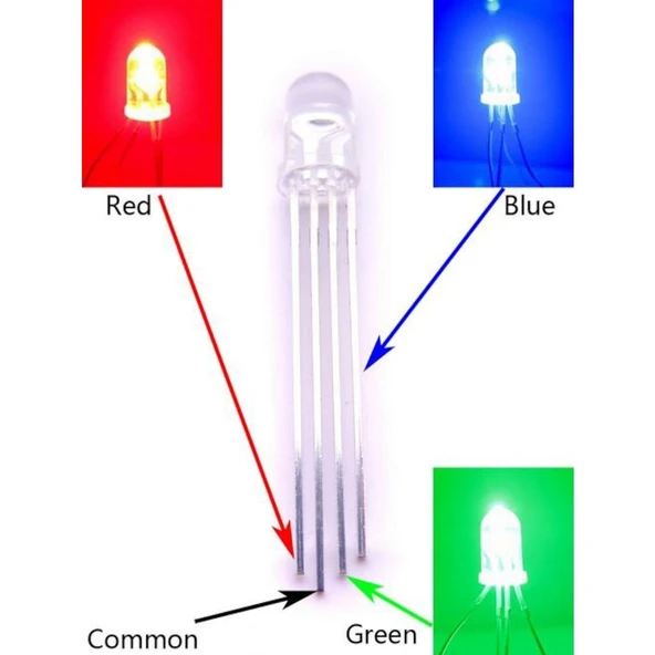 5 Adet - RGB Led 5mm Şeffaf Anot 4 Bacaklı Arduino Raspberry - 2