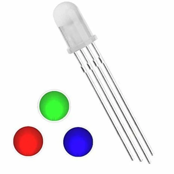 5 Adet - RGB Led 5mm Şeffaf Ortak Katot 4 Bacaklı Arduino Raspberry