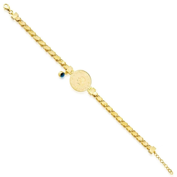 Altın Çeyrek Bileklik Gözlü Pullu Zincirli - 2