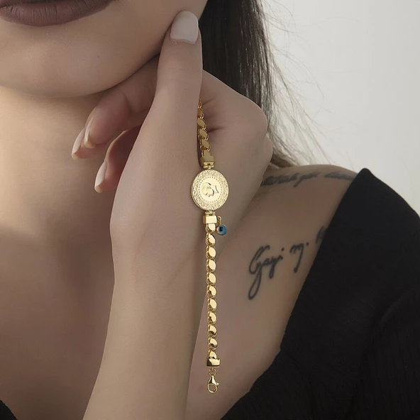 Altın Çeyrek Bileklik Gözlü Pullu Zincirli