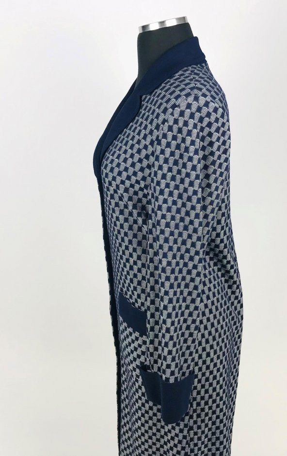 SNY Kırlangıç Yaka Çelik Örgü Uzun Lacivert Kadın Yünlü Triko Palto - 2