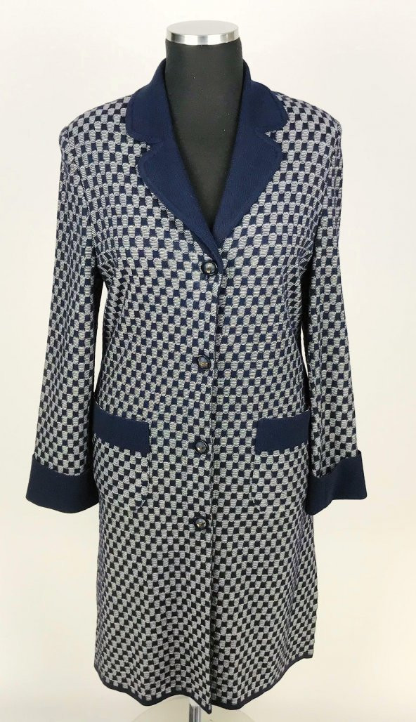 SNY Kırlangıç Yaka Çelik Örgü Uzun Lacivert Kadın Yünlü Triko Palto - 4