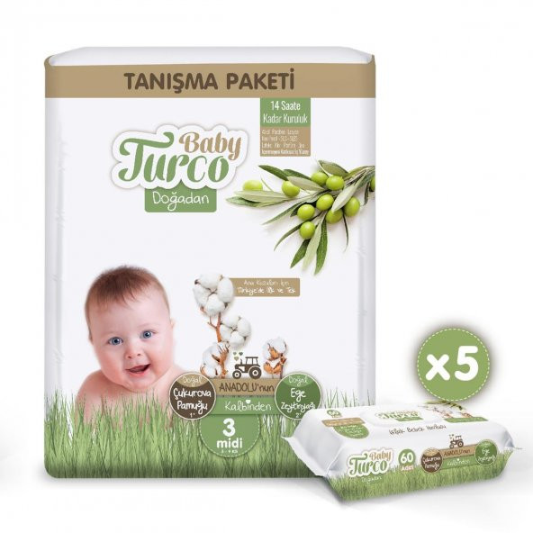 Baby Turco Doğadan Tanışma Paketi 3 Numara Midi 17 Adet + 5x60 Baby Turco Doğadan Islak Havlu