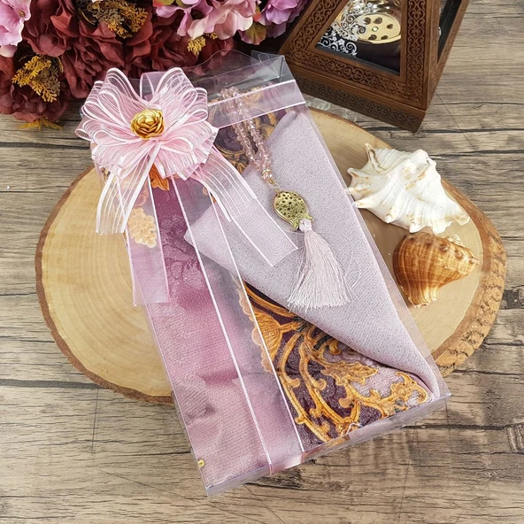 Hediyelik Seccade, Şal, İnci Tesbih, Süslemeli Asetat Kutulu (30×18) Paket - 4