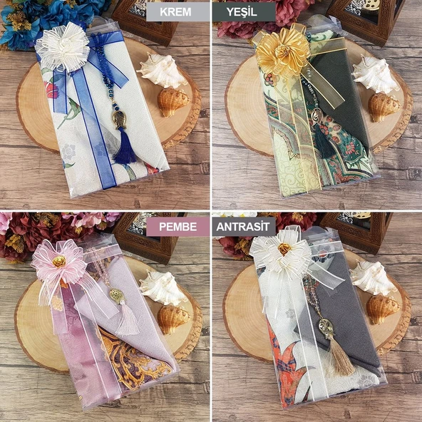 Hediyelik Seccade, Şal, İnci Tesbih, Süslemeli Asetat Kutulu (30×18) Paket - 1