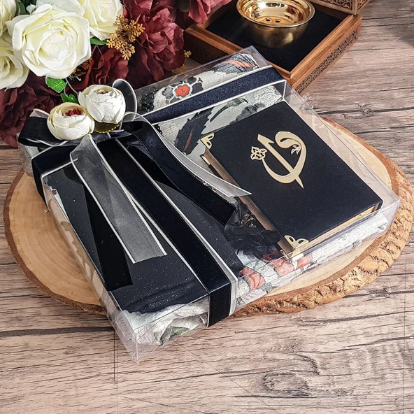 Hediyelik Seccade, Kadife Kur'an-ı Kerim, İnci Tesbih, Şal, Süslemeli Asetat Kutulu (26×23) Set - 5