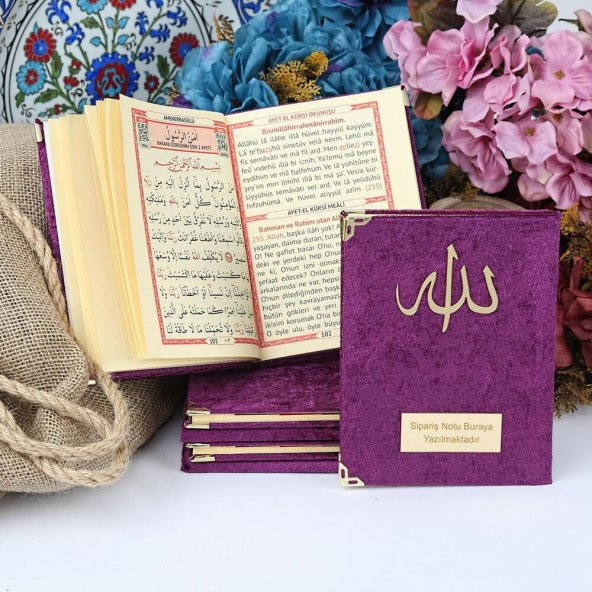 Kadife Kaplı Yasin Cüzü 10 Adet (Çanta Boy 12×16, 128 Sayfa) Allah Lafızlı, İsim Baskılı-Mor - 1