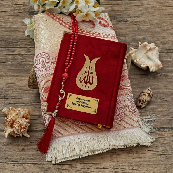 Hediyelik Kadife Kuran-ı Kerim, Seccade, İnci Tesbih, Asetat Kutulu (26×23) Dini Set - 2