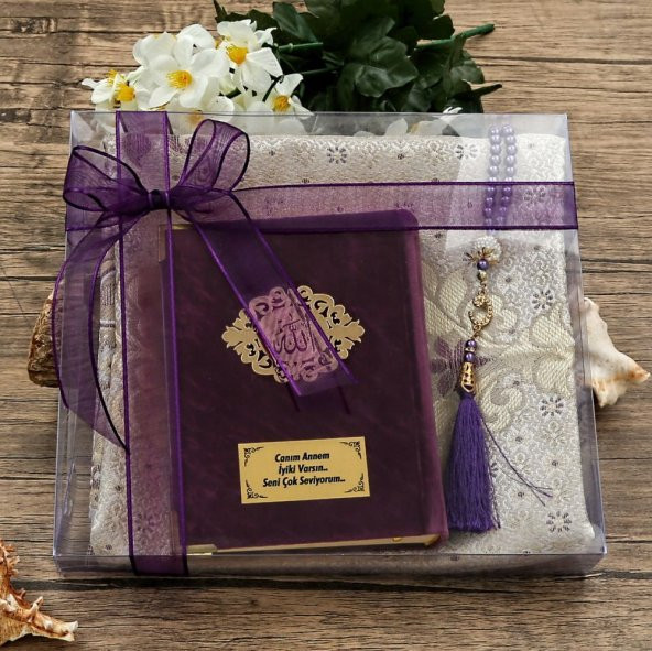 Anneler Günü Hediyesi Kuran-ı Kerim, İpek Saten Seccade, İnci Tesbih, Asetat Kutulu (26×23) Set