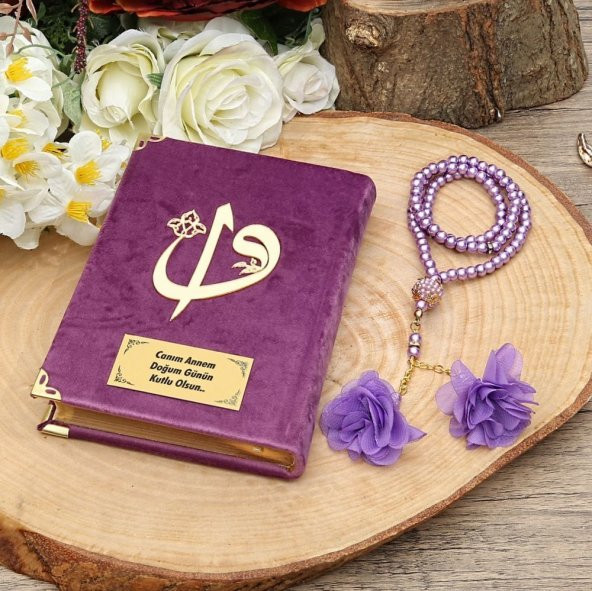 Kişiye Özel Hediye Kadife Kaplı Kuran-ı Kerim Lila, İnci Tesbihli Hediyelik - 3