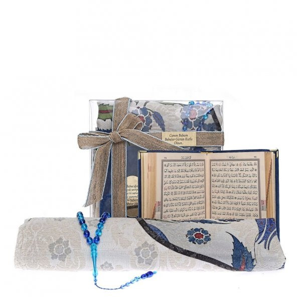 Kadife Kaplı Kuran-ı Kerim, Tesbih 33lü, Seccade, Kraft Kutulu Hediyelik Set - 2