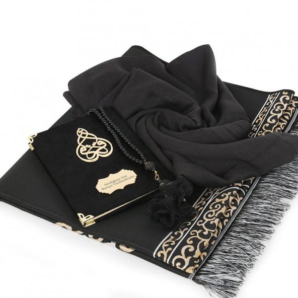 Hediyelik Kadife Kaplı Yasin Kitabı, Seccade, Şal, İnci Tesbih, Asetat Kutulu (26×23) Set - Siyah - 2