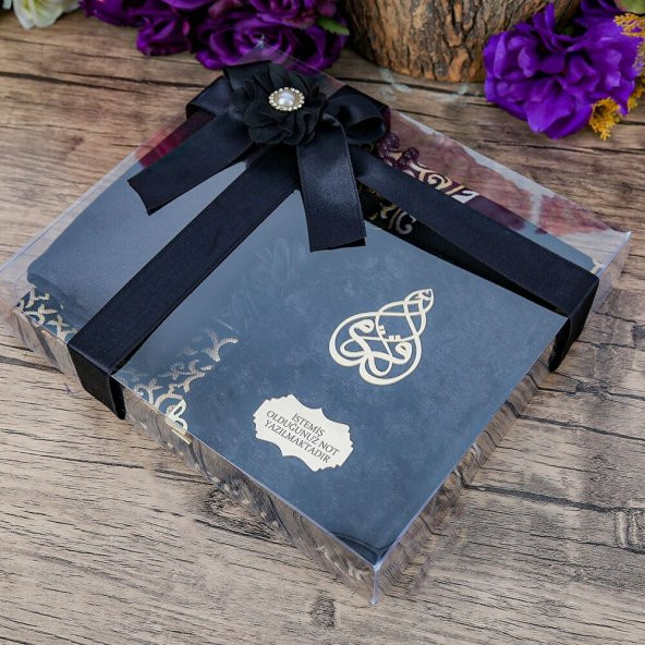 Hediyelik Kadife Kaplı Yasin Kitabı, Seccade, Şal, İnci Tesbih, Asetat Kutulu (26×23) Set - Siyah - 5