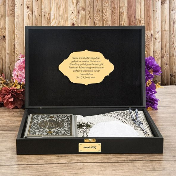 Hediyelik Ahşap Kutu, Seccade, Kuran-ı Kerim, Tesbih 33lü, Takkeli Set - 3