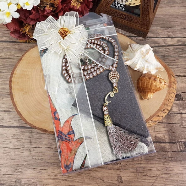 Hediyelik Seccade, Şal, İnci Tesbih, Süslemeli Asetat Kutulu (30×18) Paket - 8