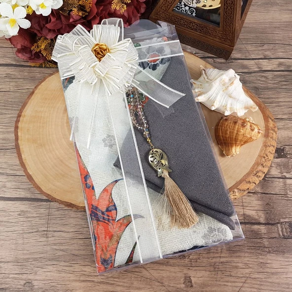 Hediyelik Seccade, Şal, İnci Tesbih, Süslemeli Asetat Kutulu (30×18) Paket - 2