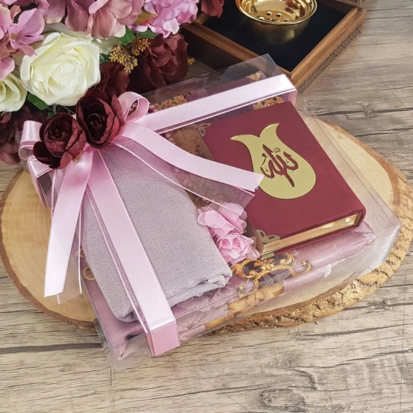 Hediyelik Seccade, Kadife Kur'an-ı Kerim, İnci Tesbih, Şal, Süslemeli Asetat Kutulu (26×23) Set - 9