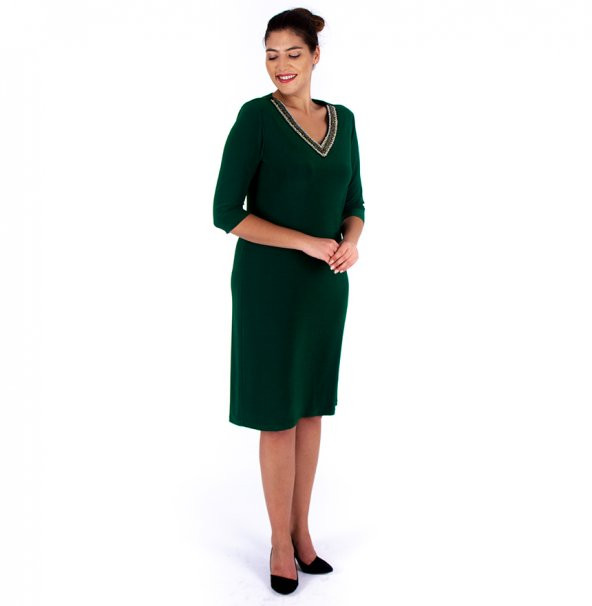 Nidya Moda Büyük Beden Kadın Yeşil Taşlı Yaka Abiye Elbise-4039Y