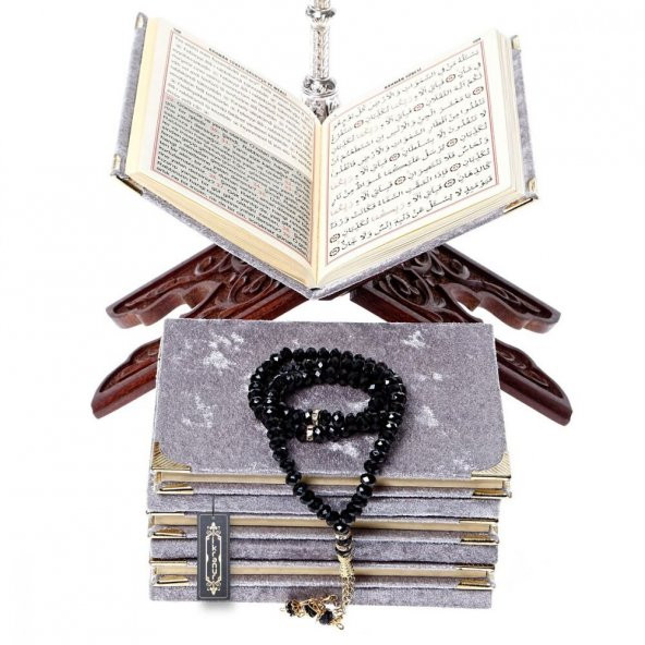Kadife Kaplı Yasin-i Şerif Cüzü 10 Adet (Çanta Boy 12×16, 128 Sayfa) Allah Lafızlı, İsim Baskılı-Koyu Gri - 5