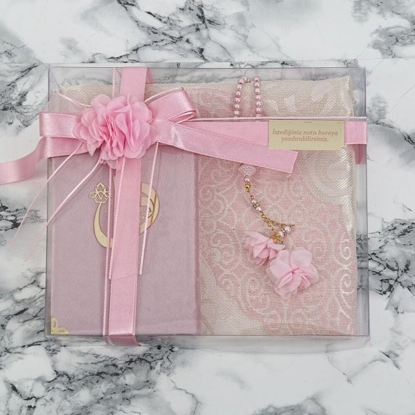 Hediyelik Seccade, İnci Tesbih, Çanta Boy Kuran-ı Kerim, Asetat Kutulu (26×23) Set Pembe - 1