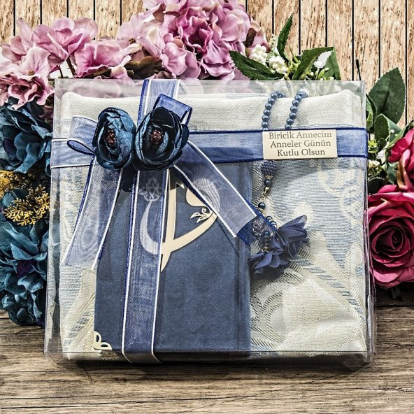 Hediyelik Seccade, İnci Tesbih, Kuran-ı Kerim, Asetat Kutulu (26×23) Paket Lacivert - 1