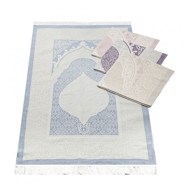 Hediyelik İpek Nur Seccade, İnci Tesbih, Pamuklu Şal, Asetat Kutulu (26×23) Set Mavi - 2