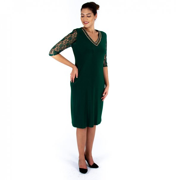 Nidya Moda Büyük Beden Kadın Yeşil Taşlı Yaka Dantel Kol Abiye Elbise-4039DY