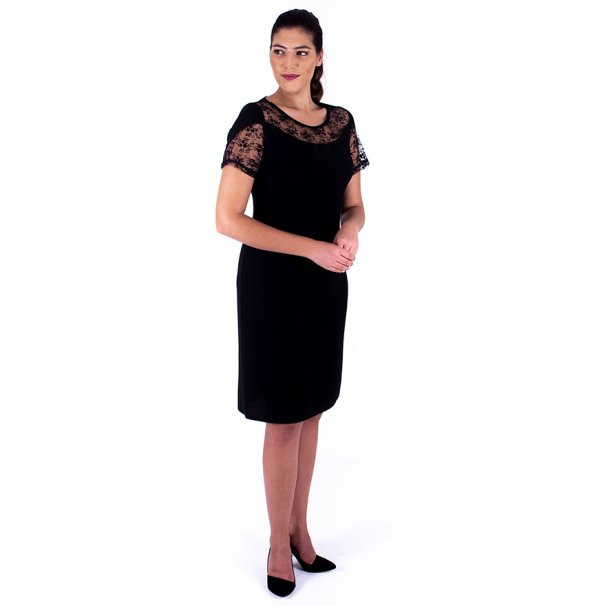 Nidya Moda Büyük Beden Kadın Siyah Roba Kol İncili Mine Dantel Abiye Elbise-4103S