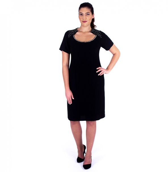 Nidya Moda Büyük Beden Kadın Siyah Omuz Yaka Taşlı Abiye Elbise-4104S
