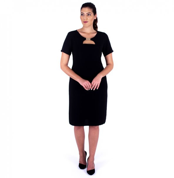 Nidya Moda Büyük Beden Kadın Siyah D Yaka Metal Aksesuarlı Abiye Elbise-4105S