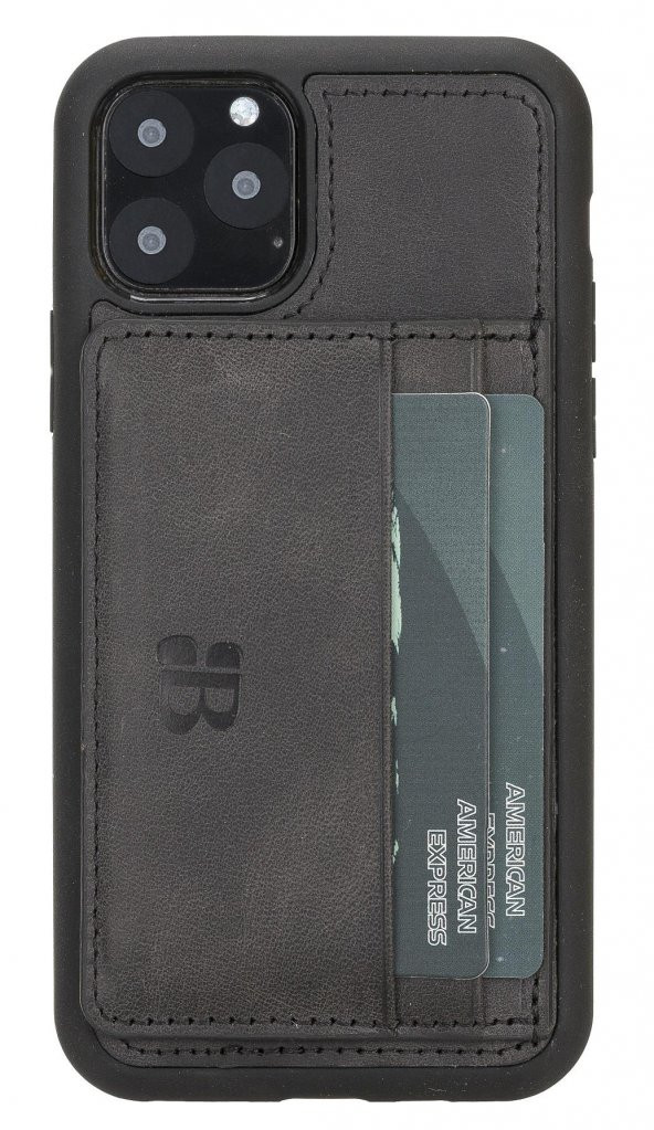 Burkley FXS Stand Deri Telefon Kılıfı İphone 11 Pro TN1 Siyah Kartlıklı Arka Kapak