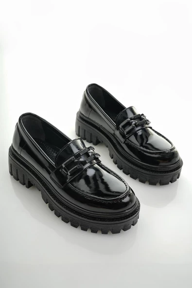 Muggo SAMANTHA Garantili Kadın Loafer Kalın Taban Tokalı Günlük Casual Makosen Ayakkabı - 10