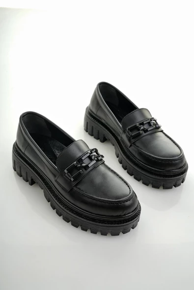 Muggo SAMANTHA Garantili Kadın Loafer Kalın Taban Tokalı Günlük Casual Makosen Ayakkabı - 3