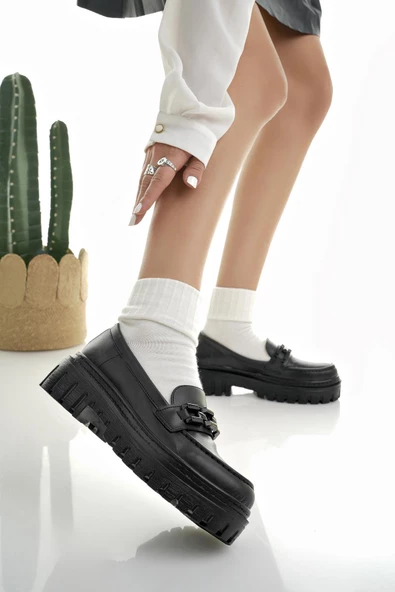 Muggo SAMANTHA Garantili Kadın Loafer Kalın Taban Tokalı Günlük Casual Makosen Ayakkabı - 7