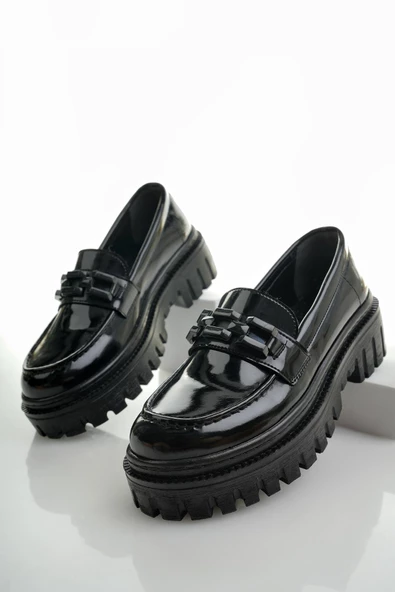 Muggo SAMANTHA Garantili Kadın Loafer Kalın Taban Tokalı Günlük Casual Makosen Ayakkabı - 8