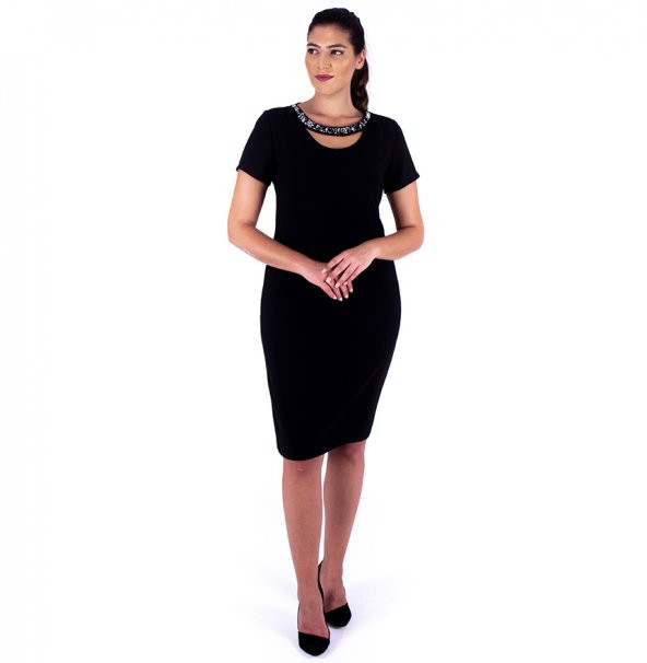 Nidya Moda Büyük Beden Kadın Siyah Taş İşli Yaka Abiye Elbise-4106S