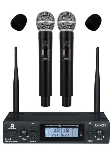 Rennes RM-900EE UHF 2x100 Kanal Çiftli Kablosuz EL Mikrofonu Çift Anten LCD Ekran ürün görseli