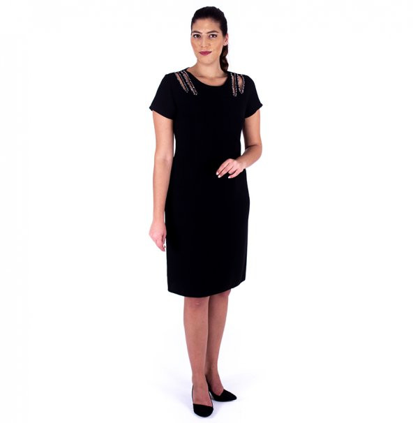 Nidya Moda Büyük Beden Kadın Siyah Omuz Taşlı Abiye Elbise-4107S