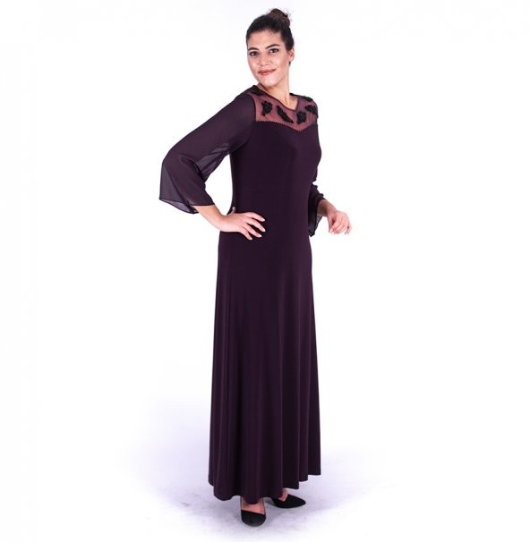 Nidya Moda Büyük Beden Kadın Mürdüm Roba Motif Tül Taş İşli Şifon Kol Uzun Abiye Elbise-4115M