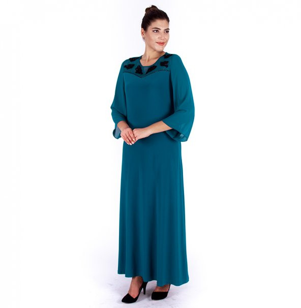 Nidya Moda Büyük Beden Kadın Petrol Taşlı Roba Tül Motif Şifon Kol Uzun Abiye Elbise-4115P