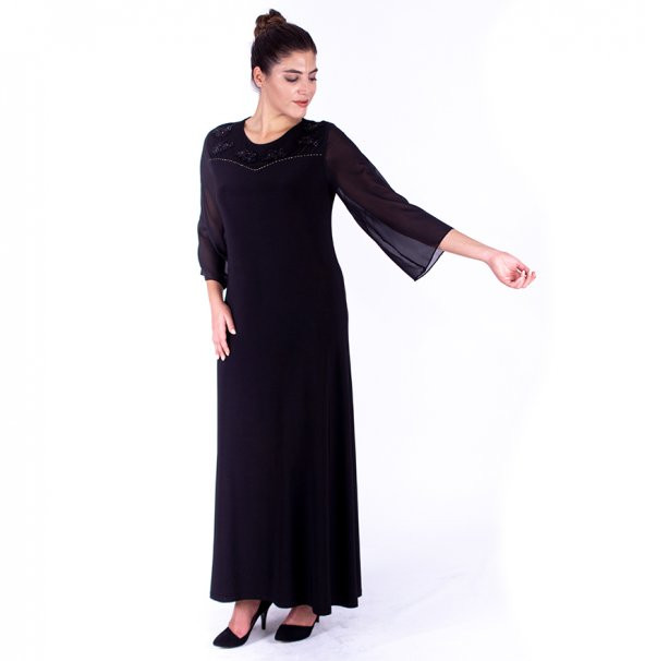Nidya Moda Büyük Beden Kadın Siyah Roba Taşlı Motif Tül Şifon Kol Uzun Abiye Elbise-4115S