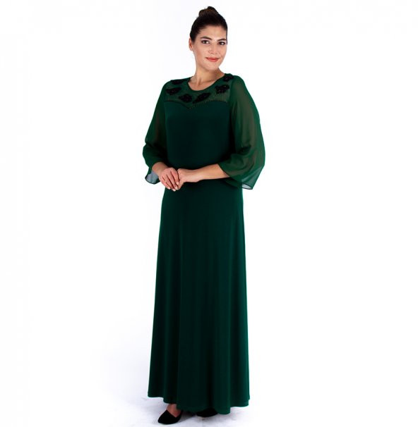 Nidya Moda Büyük Beden Kadın Yeşil Roba Taşlı Motifli Tül Şifon Kol Uzun Abiye Elbise-4115Y
