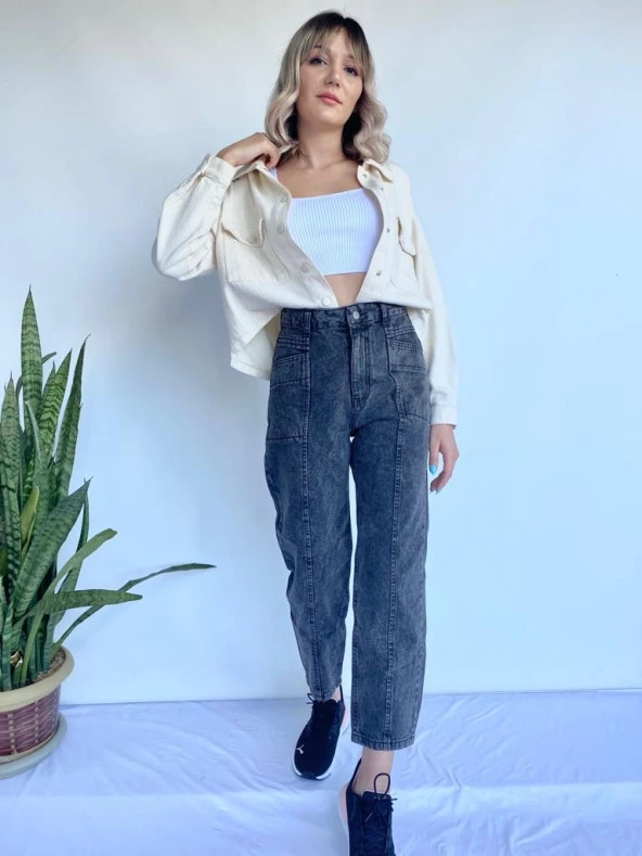 Kadın Gri Önü Nervürlü Tasarım Kot Pantolon - Resim 4