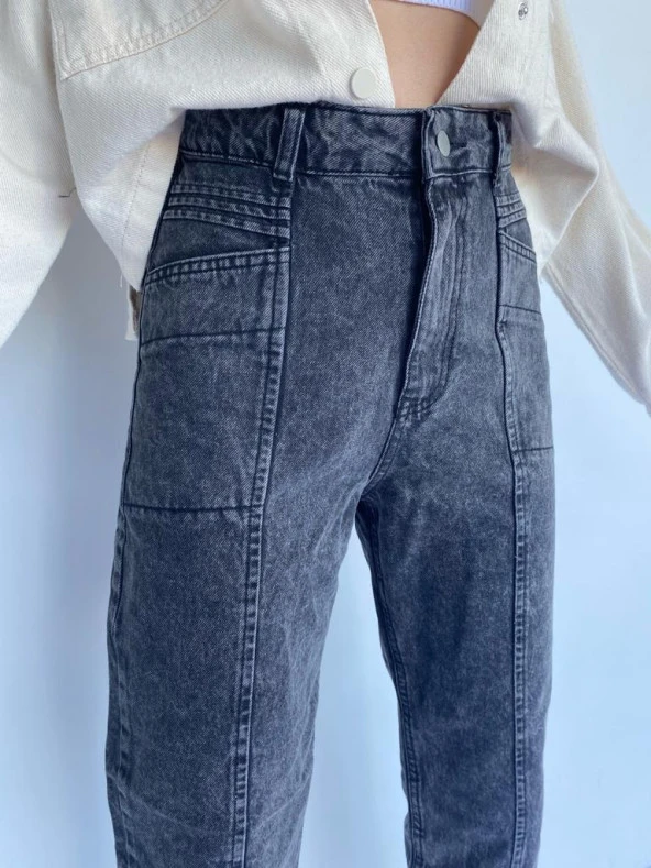 Kadın Gri Önü Nervürlü Tasarım Kot Pantolon - Resim 5