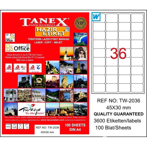 Tanex Lazer Etiket 100 YP 45x30 Laser-Copy-Inkjet TW-2036 ürün görseli