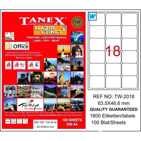 Tanex Lazer Etiket 100 YP 63.5x46.6 Laser-Copy-Inkjet TW-2018