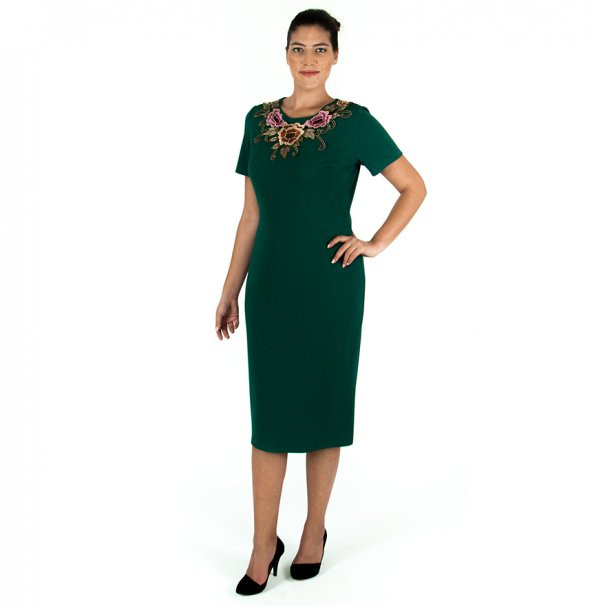 Nidya Moda Büyük Beden Kadın Yeşil Menekşe Yaka Abiye Elbise-4124Y