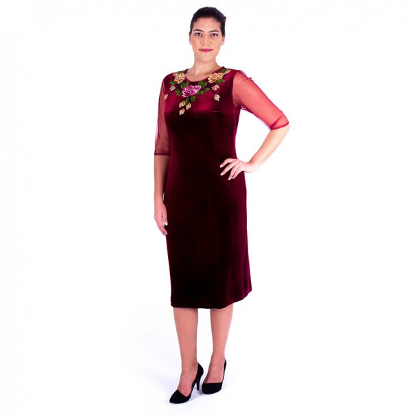 Nidya Moda Büyük Beden Kadın Bordo Gül Yaka Kadife Abiye Elbise-4125B